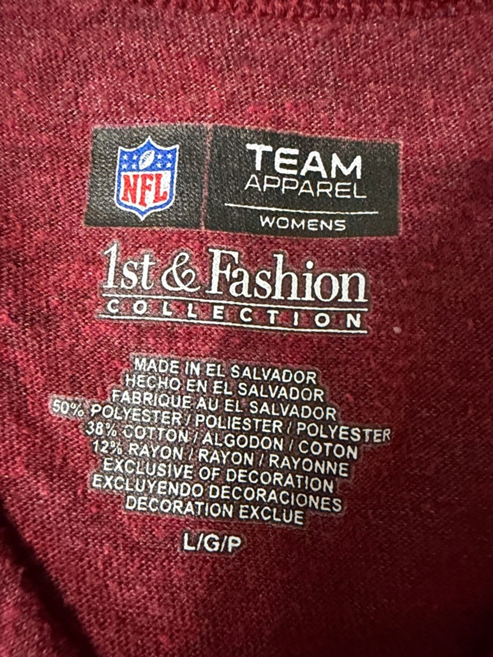 NFL Redskins Women's Team Apparel Burgundy Tee - size Large - Picture 2 of 3